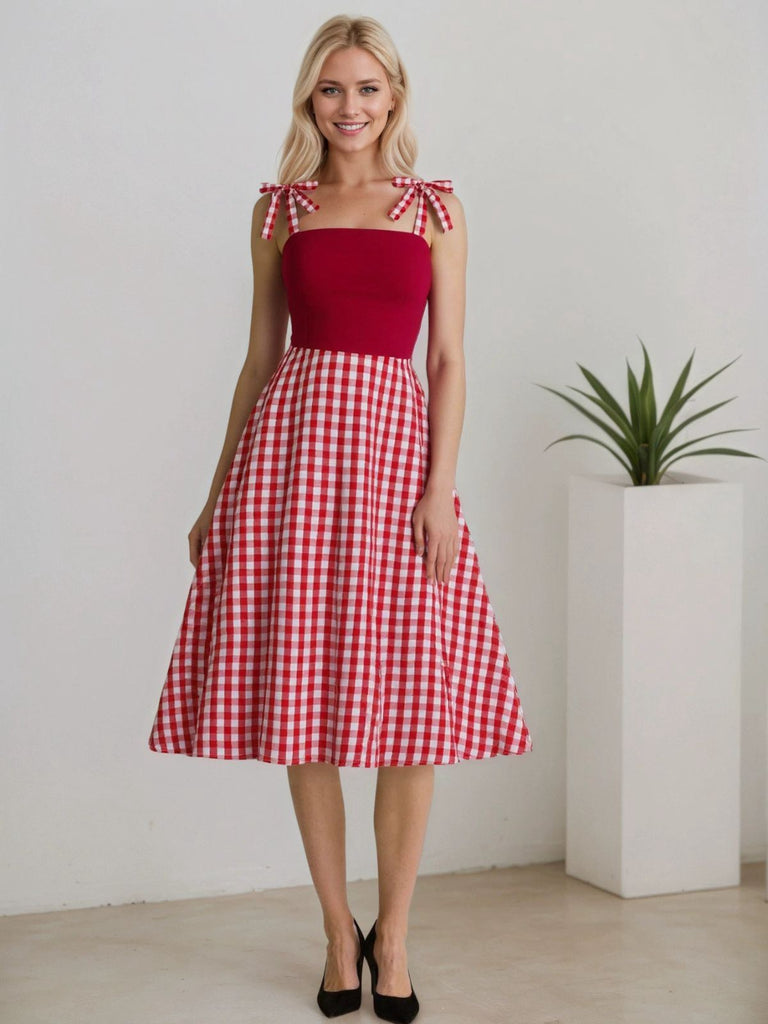 Red 1950s Shoulder Tie Gingham Plaid Dress