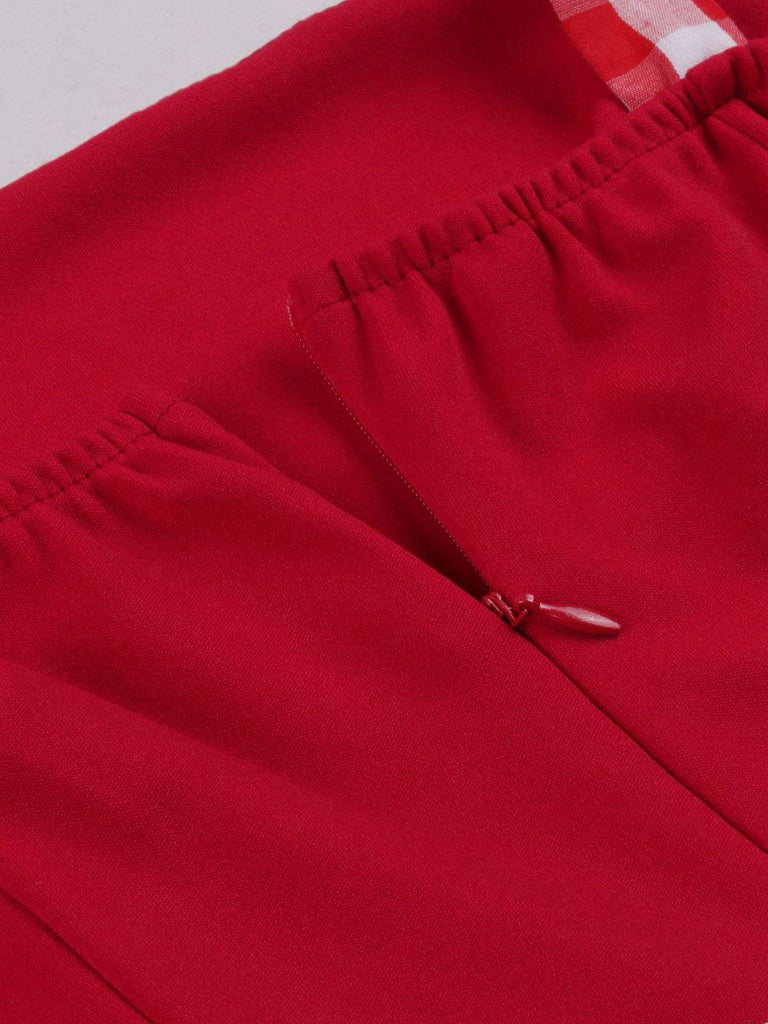 Red 1950s Shoulder Tie Gingham Plaid Dress