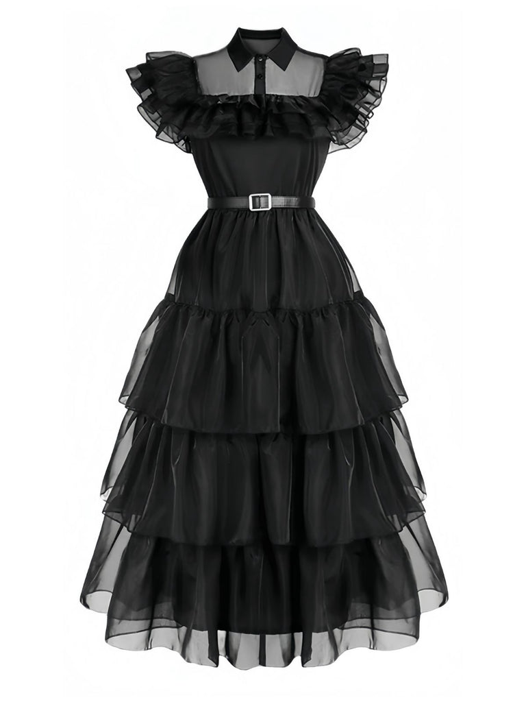Black 1950s Halloween Organza Ruffled Lapel Dress