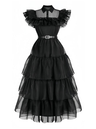 Black 1950s Halloween Organza Ruffled Lapel Dress
