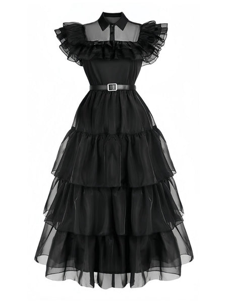 Black 1950s Halloween Organza Ruffled Lapel Dress