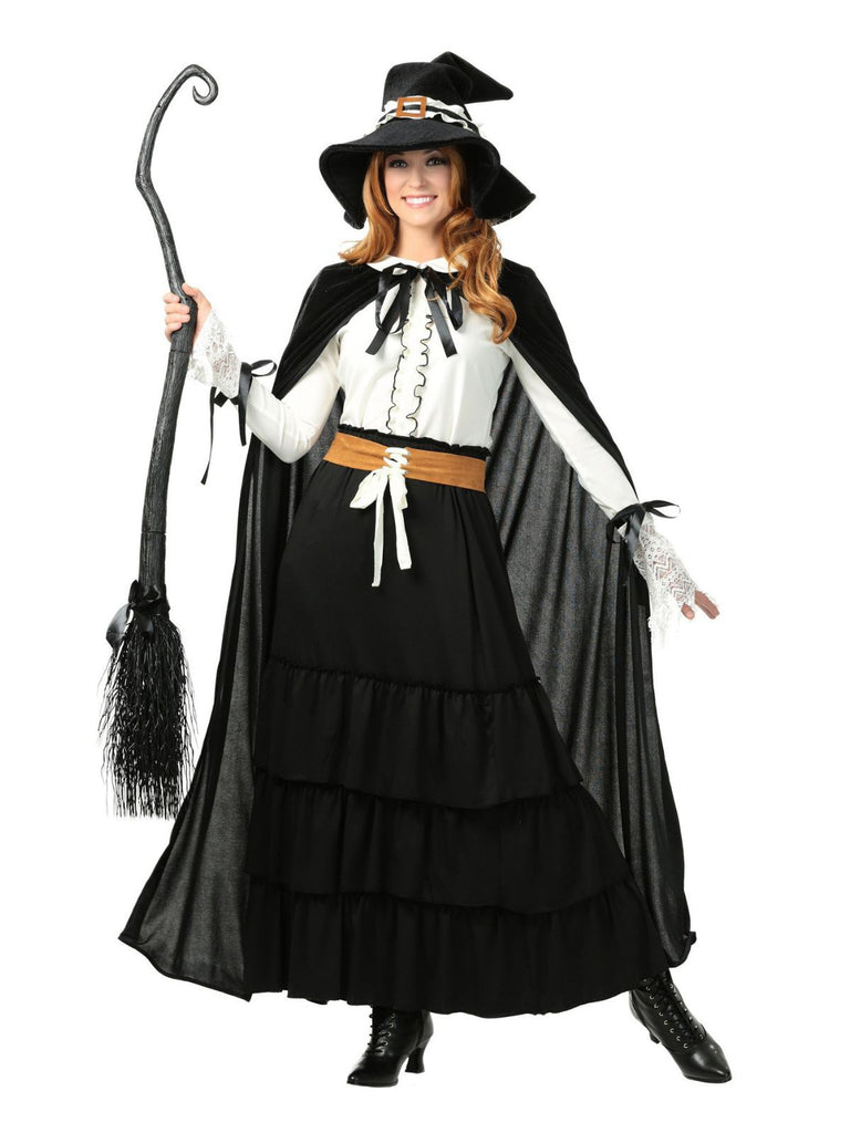2PCS Black 1950s Halloween Witch Lace Ruffled Blouse & Skirt