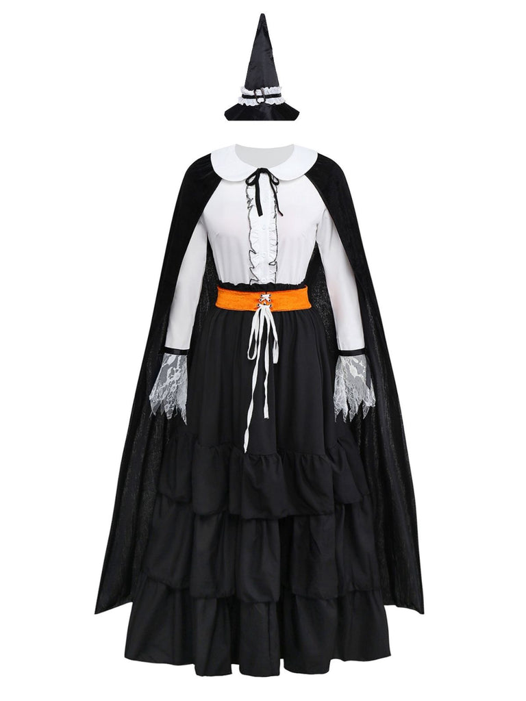 2PCS Black 1950s Halloween Witch Lace Ruffled Blouse & Skirt