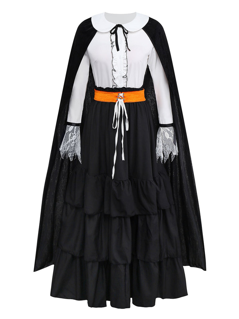 2PCS Black 1950s Halloween Witch Lace Ruffled Blouse & Skirt