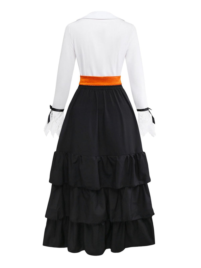 2PCS Black 1950s Halloween Witch Lace Ruffled Blouse & Skirt