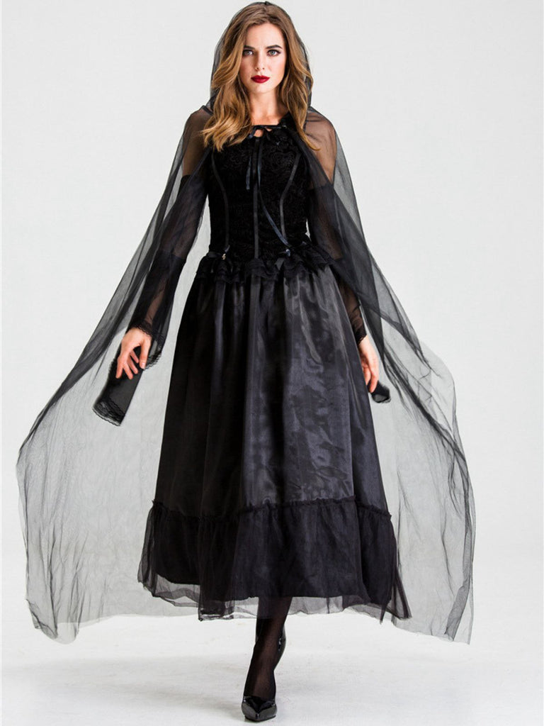 Black 1980s Halloween Mesh Patchwork Dress With Cape