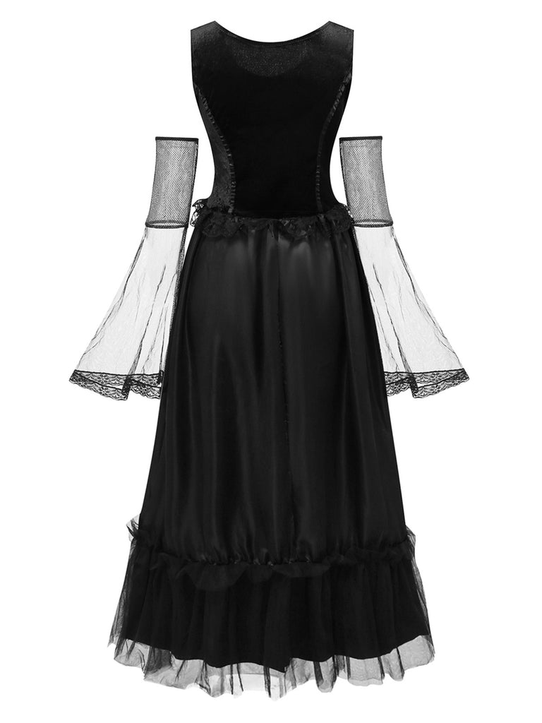 Black 1980s Halloween Mesh Patchwork Dress With Cape