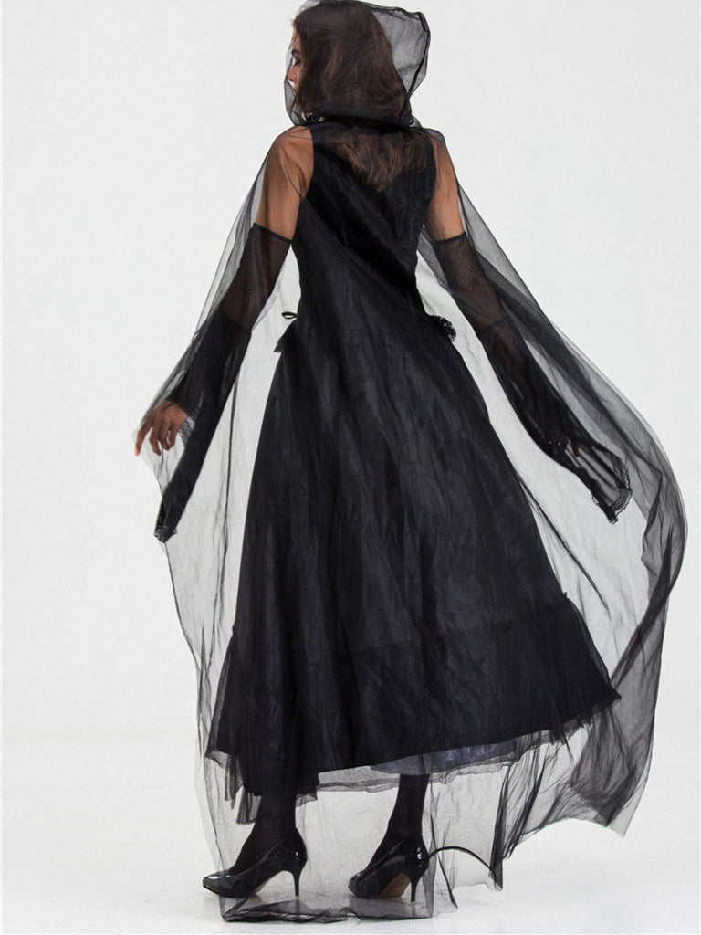 Black 1980s Halloween Mesh Patchwork Dress With Cape