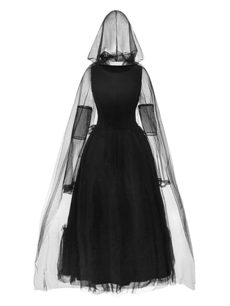 Black 1980s Halloween Mesh Patchwork Dress With Cape