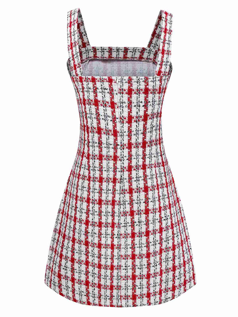 Red 1960s Plaid Tweed Vest Dress