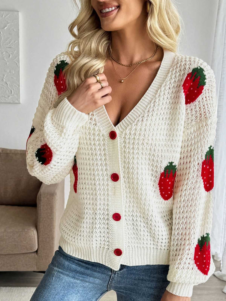 Beige 1950s Strawberry Drop Shoulder Knit Cardigan