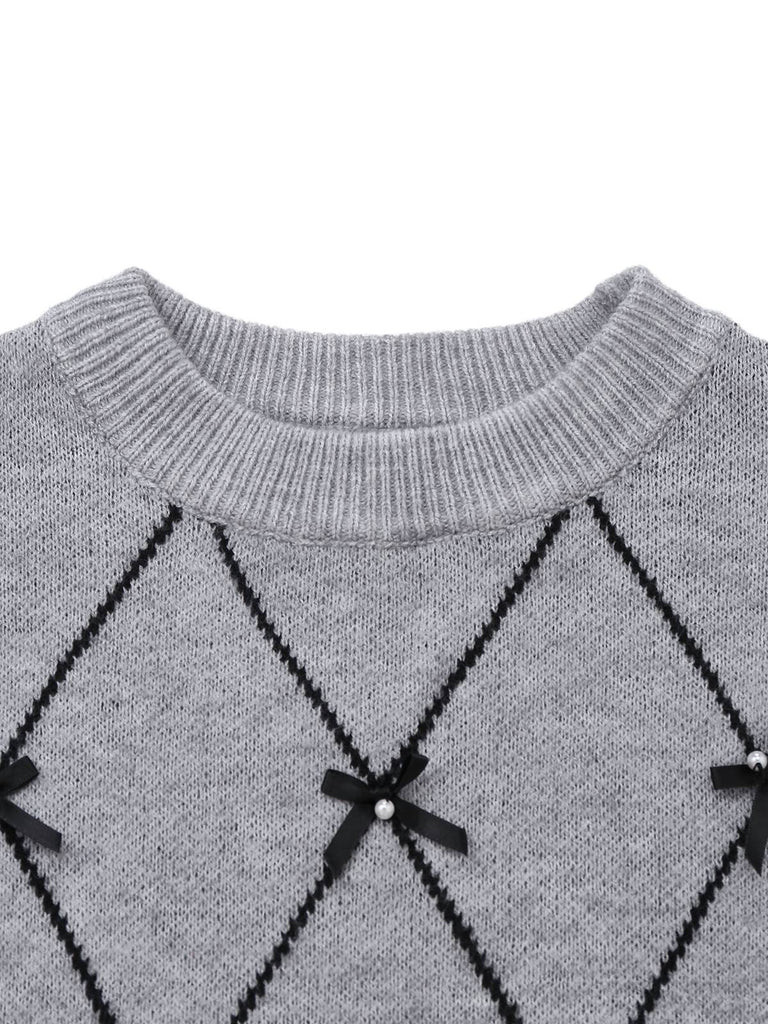 Grey 1950s Round Neck Bow Pullover Sweater