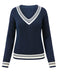 Blue 1950s Nautical Knit V-Neck Striped Sweater