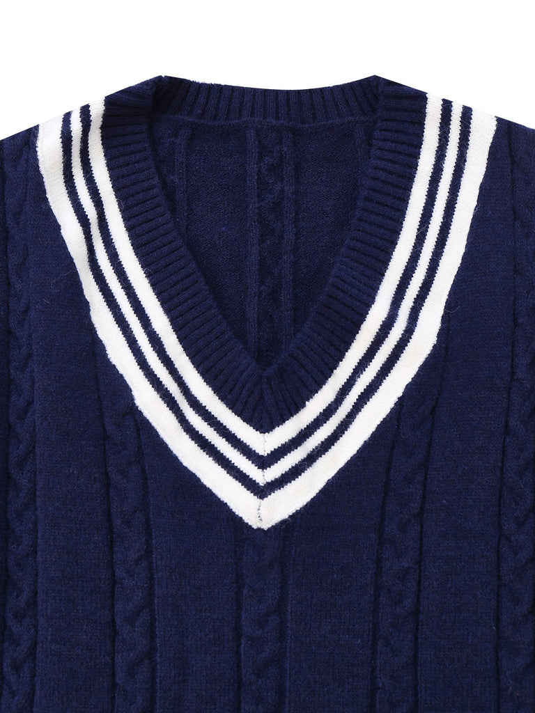Blue 1950s Nautical Knit V-Neck Striped Sweater