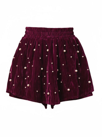 Red 1950s 3D Pearl Embellished Velvet Shorts