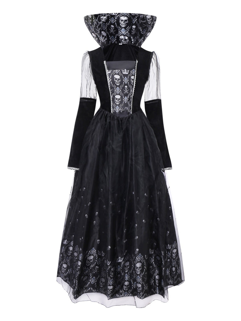 Black 1980s Queen Skull Long Sleeve Mesh Dress