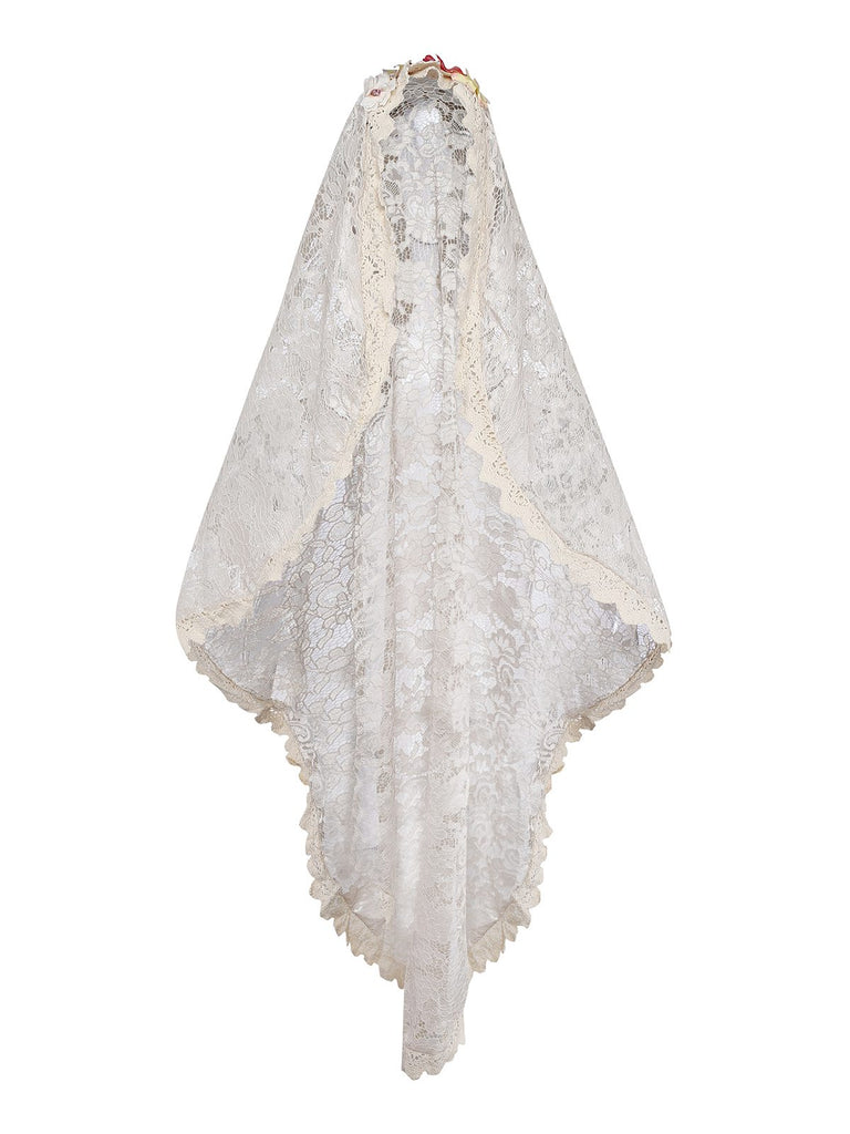 Beige 1930s Halloween Vampire Bride Lace Dress Set