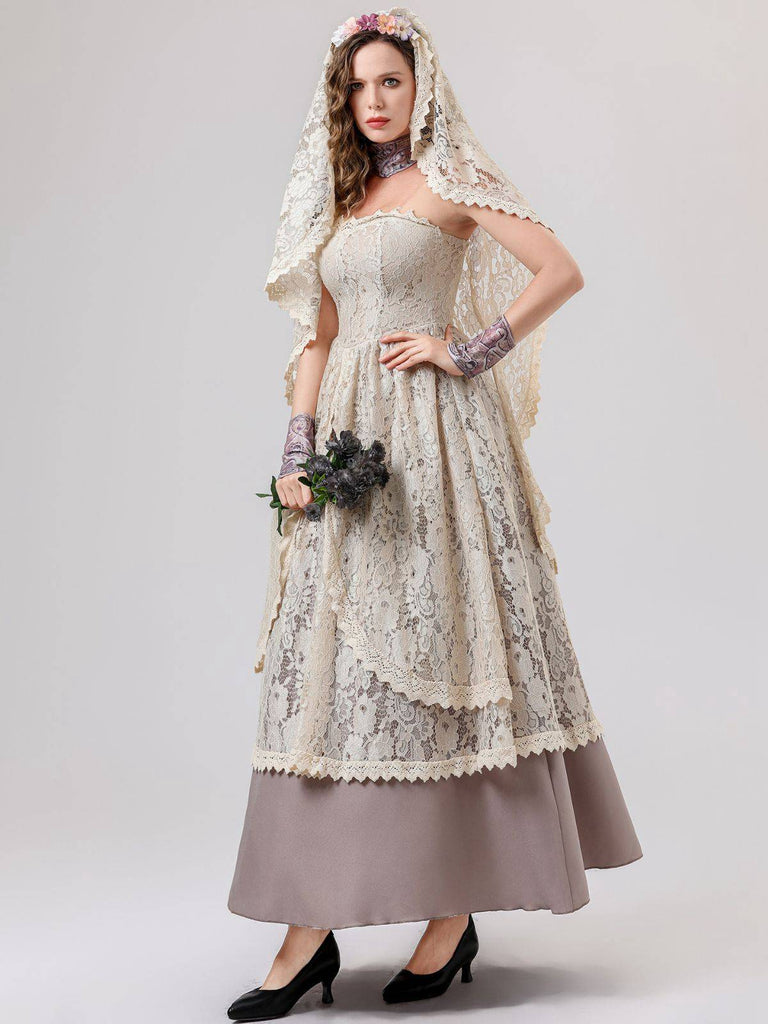 Beige 1930s Halloween Vampire Bride Lace Dress Set