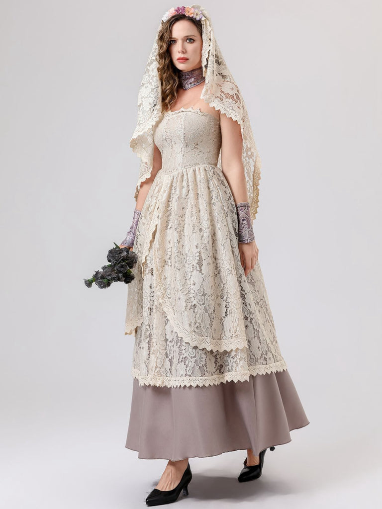 Beige 1930s Halloween Vampire Bride Lace Dress Set