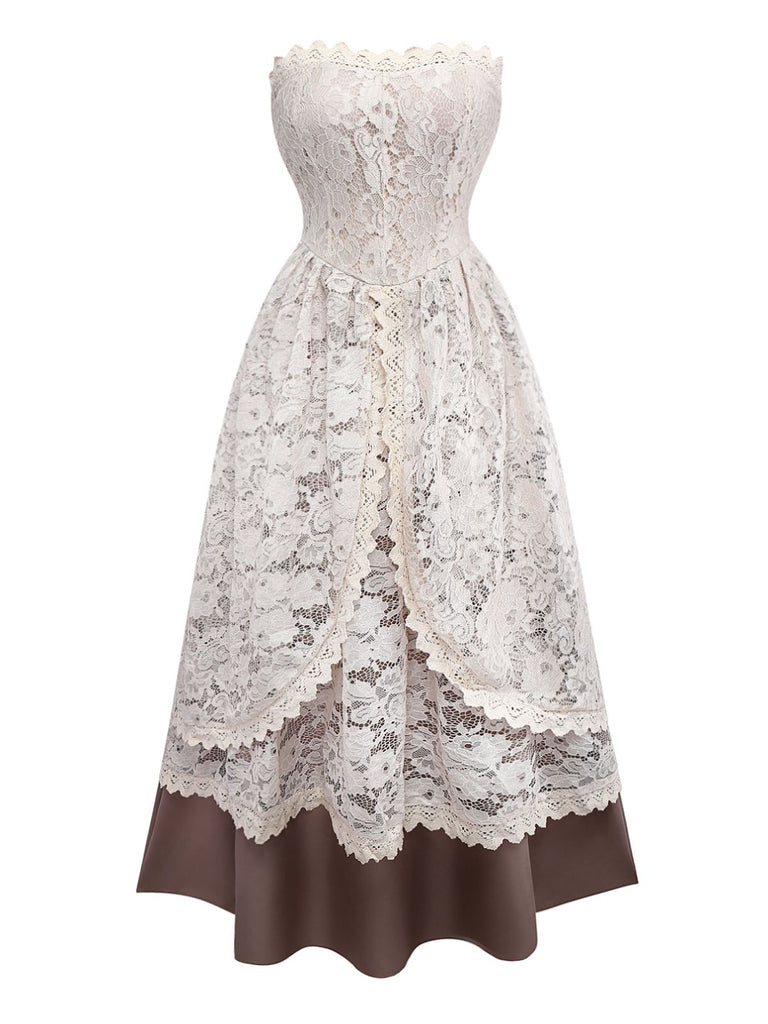 Beige 1930s Halloween Vampire Bride Lace Dress Set