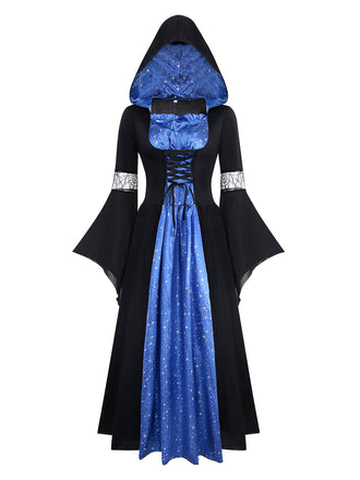 Black & Blue 1930s Witch Lace-Up Hooded Dress