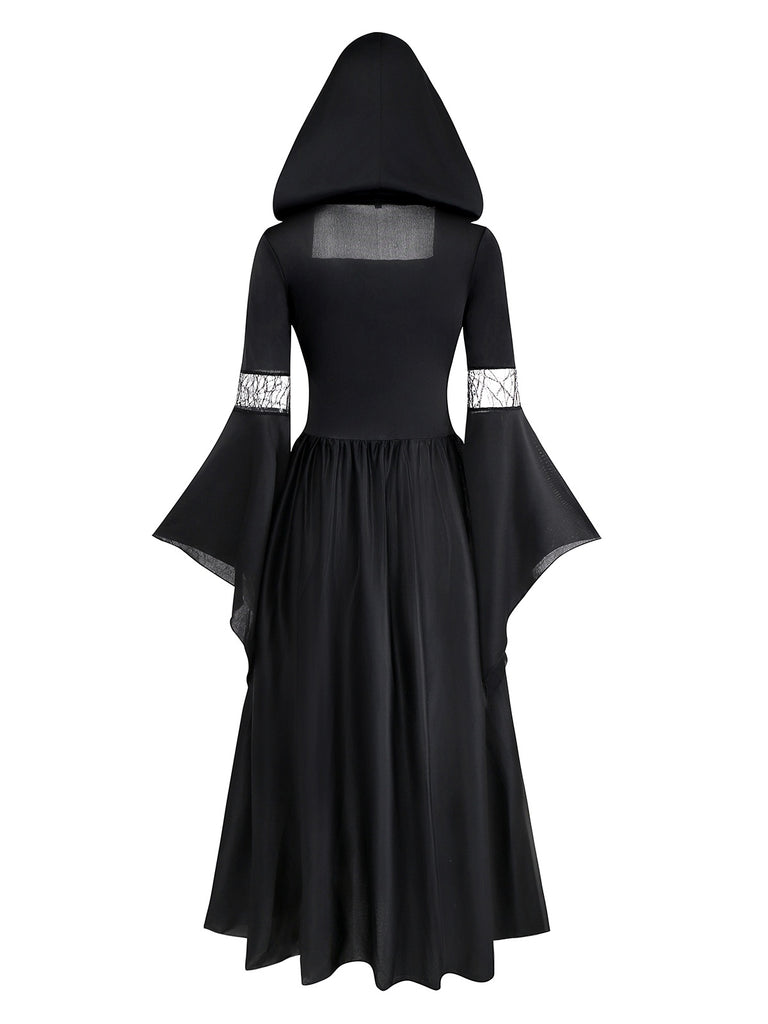 Black & Blue 1930s Witch Lace-Up Hooded Dress