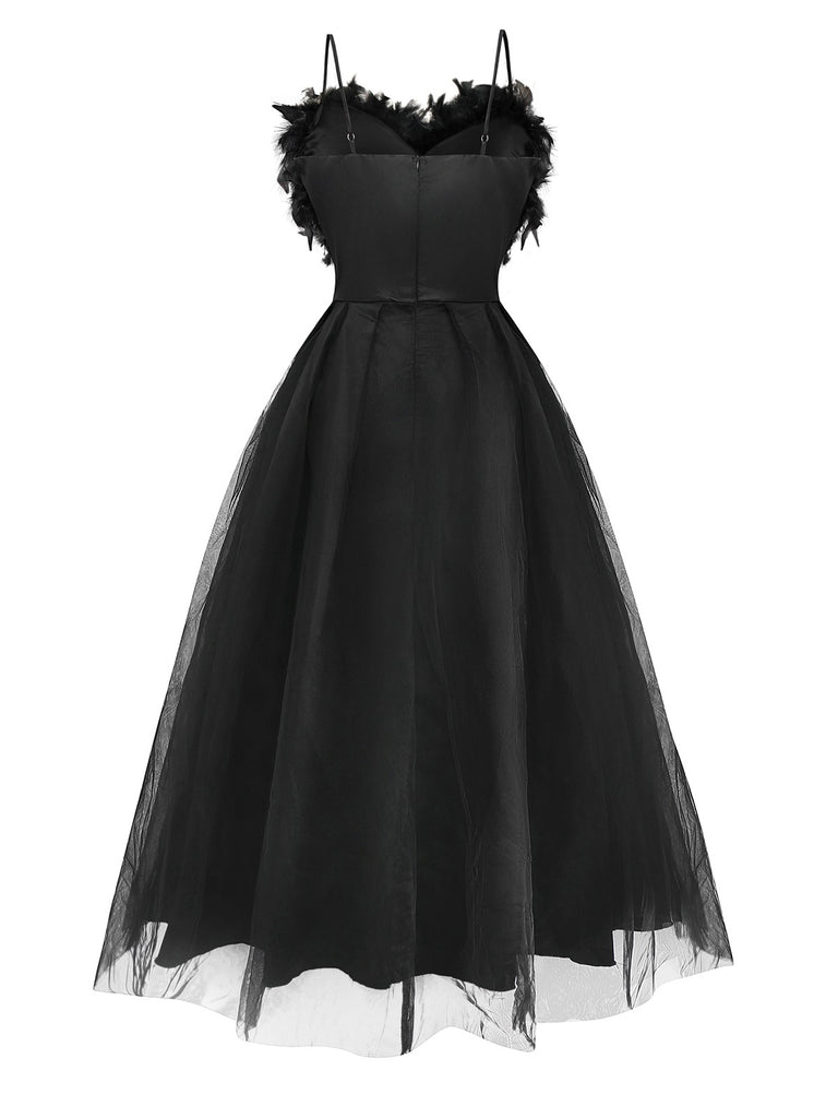 Black 1930s Solid 3D Feather Mesh Dress