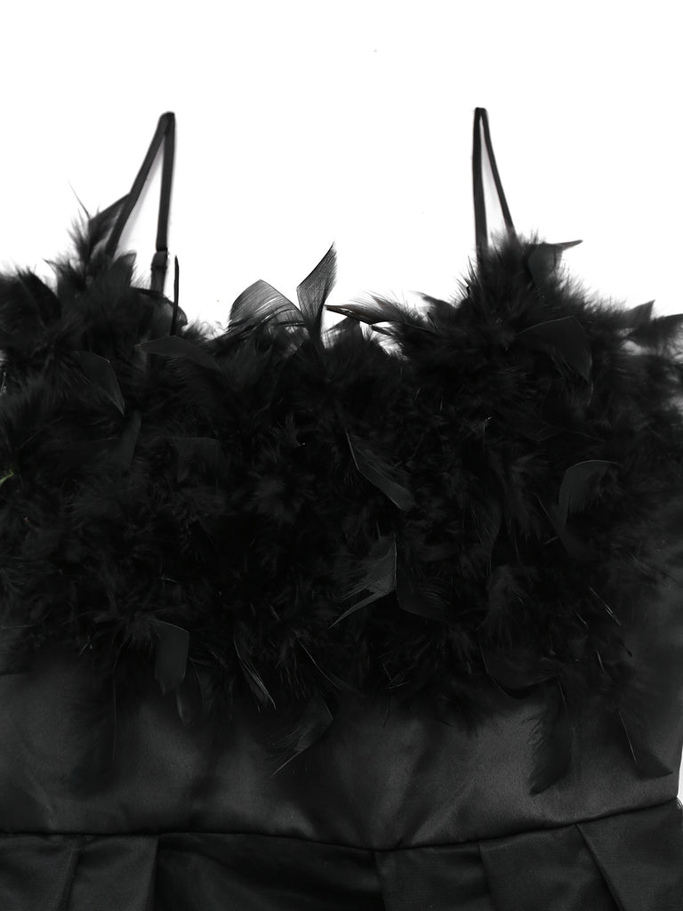 Black 1930s Solid 3D Feather Mesh Dress