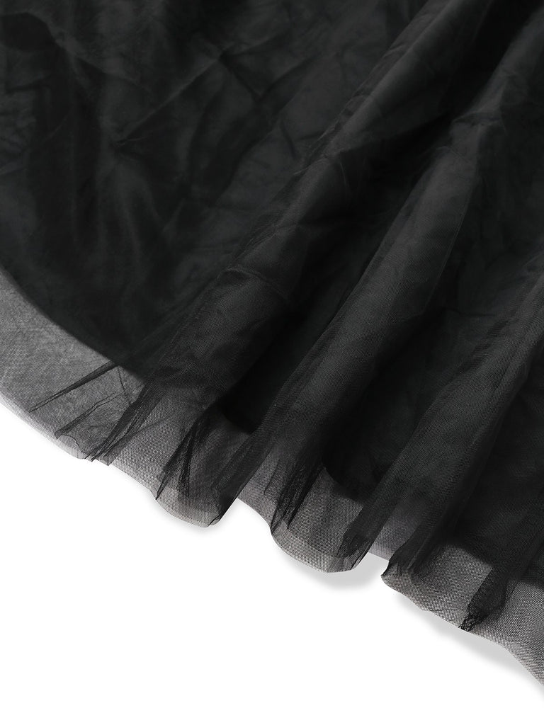 Black 1930s Solid 3D Feather Mesh Dress