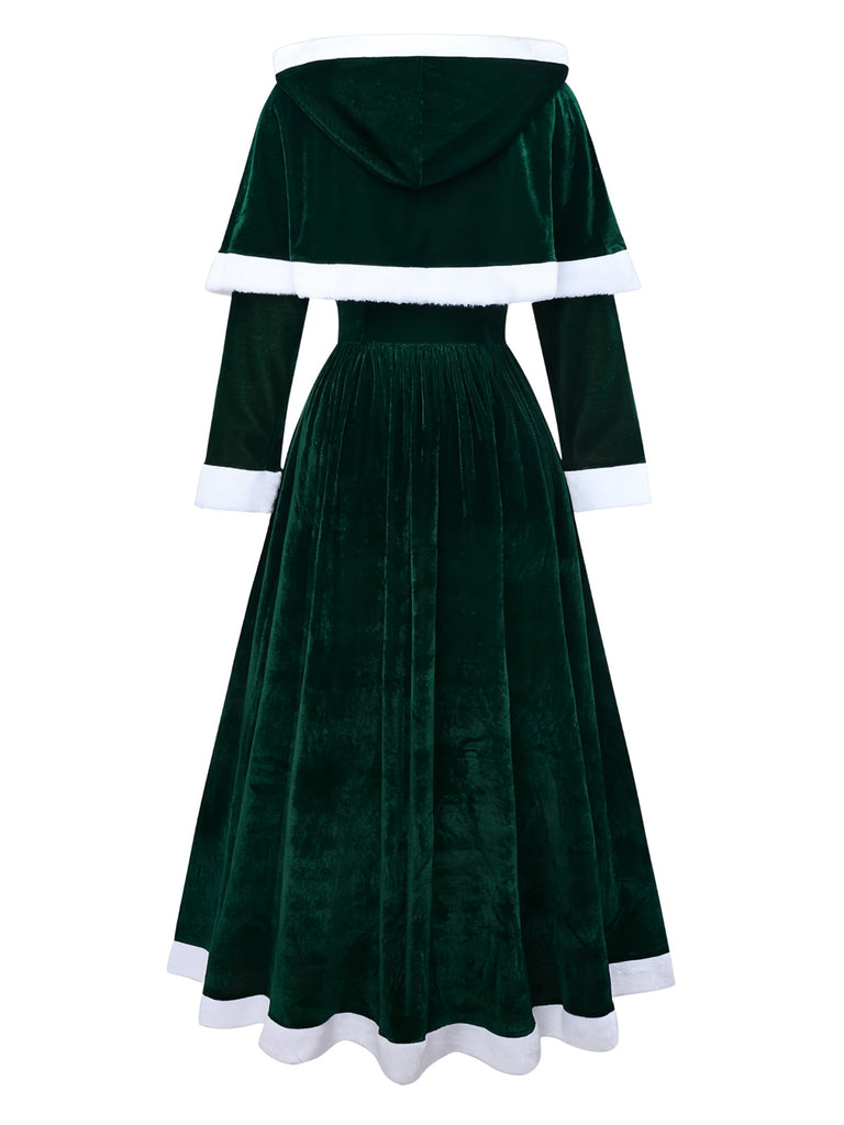 Green 1930s Christmas Mrs. Santa Claus Velvet Dress with Cape