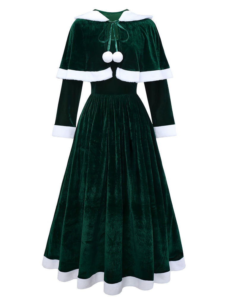 Green 1930s Christmas Mrs. Santa Claus Velvet Dress with Cape