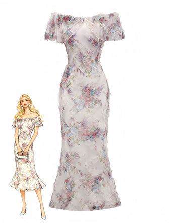 Multicolor 1930s Floral Mesh Off-Shoulder Maxi Dress