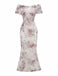 Multicolor 1930s Floral Mesh Off-Shoulder Maxi Dress