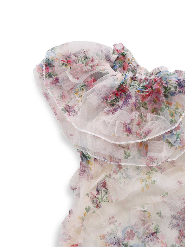 Multicolor 1930s Floral Mesh Off-Shoulder Maxi Dress