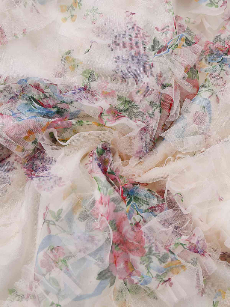 Multicolor 1930s Floral Mesh Off-Shoulder Maxi Dress