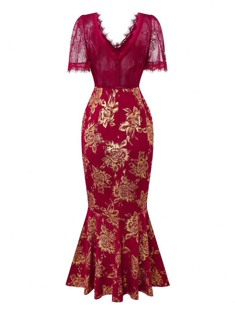 Red 1930s V-Neck Gold Foil Floral Mermaid Sheer Dress