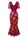 Red 1930s V-Neck Gold Foil Floral Mermaid Sheer Dress