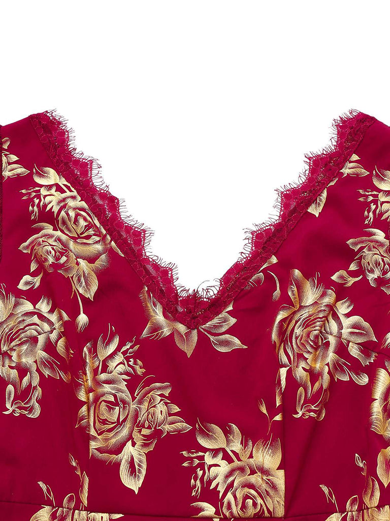 Red 1930s V-Neck Gold Foil Floral Mermaid Sheer Dress