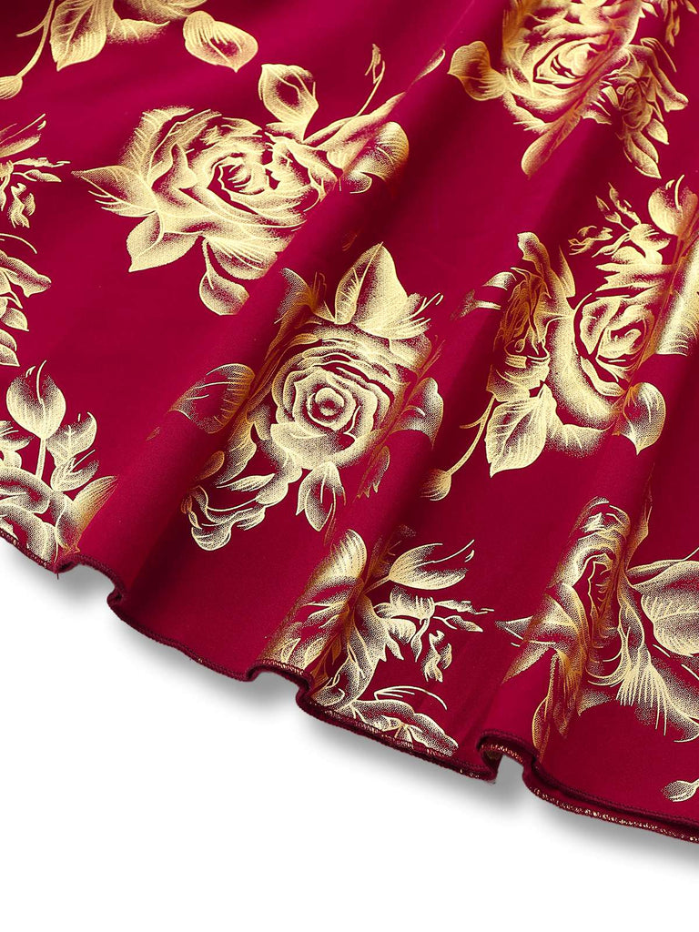 Red 1930s V-Neck Gold Foil Floral Mermaid Sheer Dress