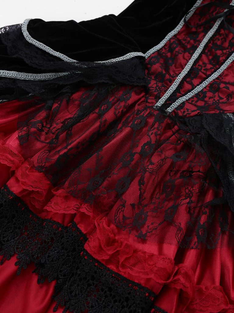 Red 1970s Bat Strapless Lace High-Low Hem Dress