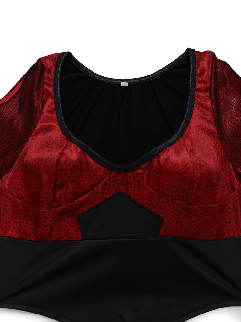 2PCS Red 1930s Wicked Cheetah Mesh Top & Mermaid Skirt