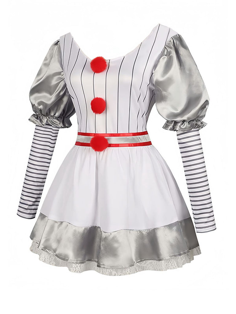 Silver 1960s Halloween IT Pennywise Striped Puff Sleeve Puffy Dress