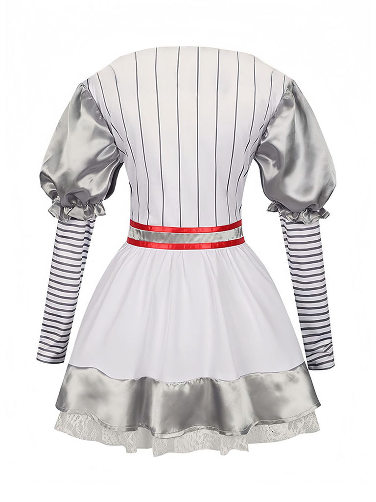 Silver 1960s Halloween IT Pennywise Striped Puff Sleeve Puffy Dress