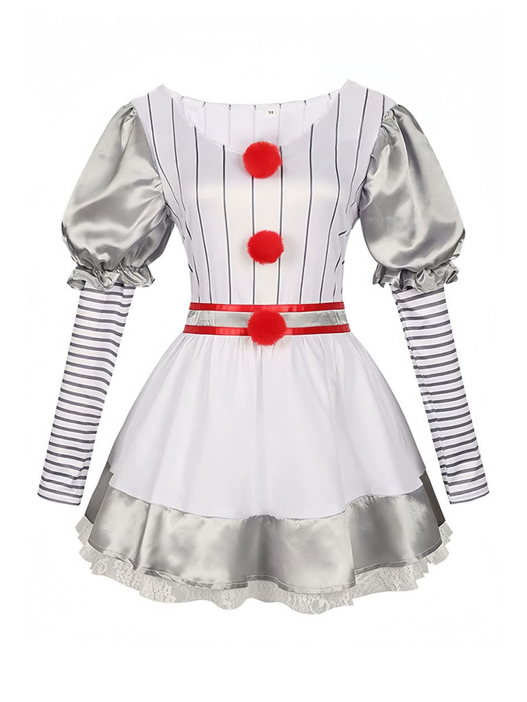 Silver 1960s Halloween IT Pennywise Striped Puff Sleeve Puffy Dress