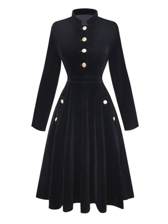 Black 1950s Velvet Stand Collar Dress