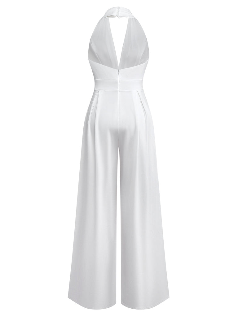 1970s Deep V-Neck Solid Super Wideleg Jumpsuit