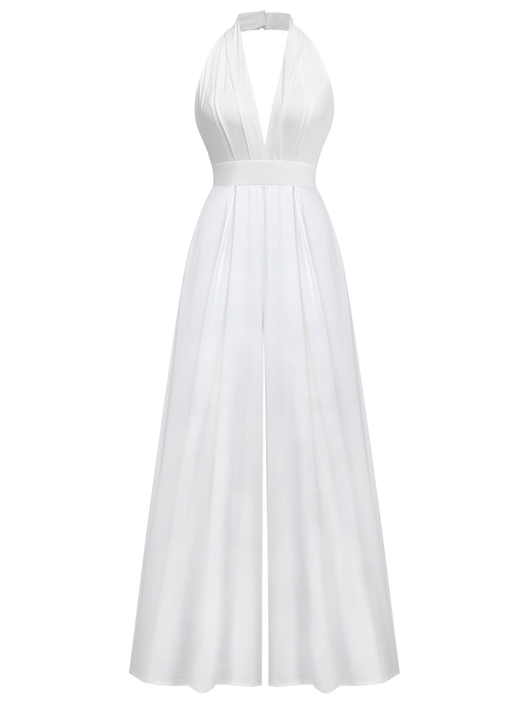 1970s Deep V-Neck Solid Super Wideleg Jumpsuit