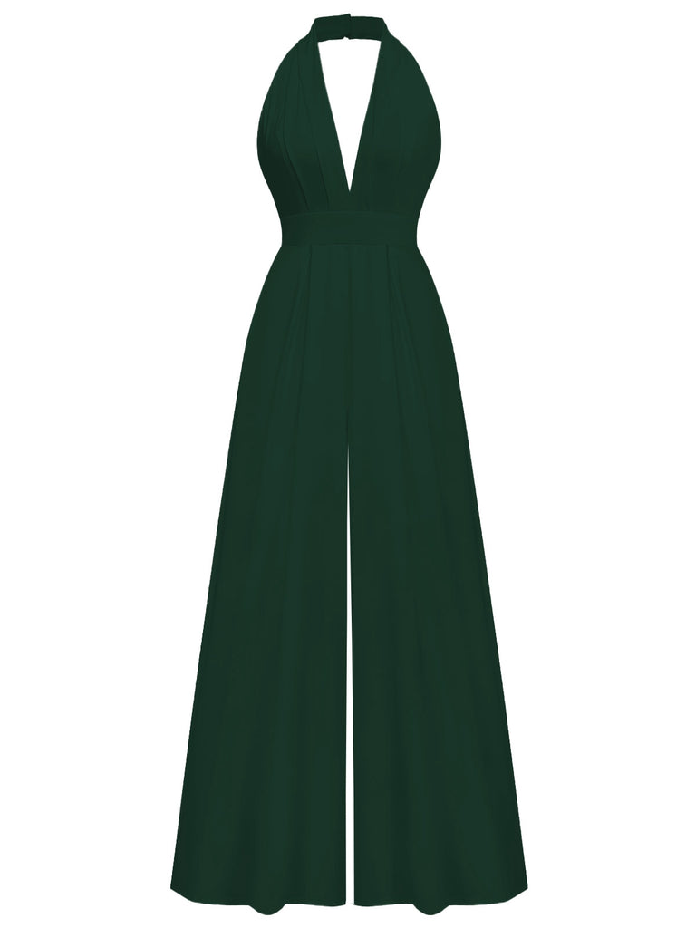 1970s Deep V-Neck Solid Super Wideleg Jumpsuit