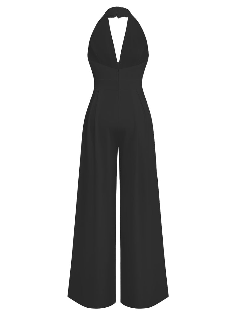 1970s Deep V-Neck Solid Super Wideleg Jumpsuit