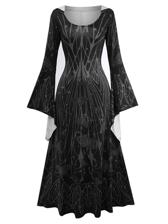 1980s Gothic Witch Bat Sleeve Hooded Dress